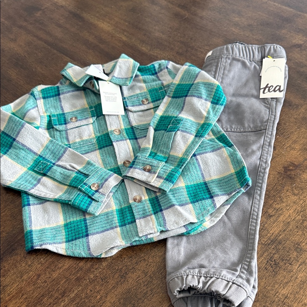 Tea Collection Teal Plaid Shirt and Gray Pants Set